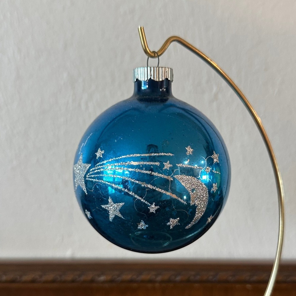 Shiny Brite Large Blue Glass Moon and Stars Stencil Glitter Ornament Vintage USA